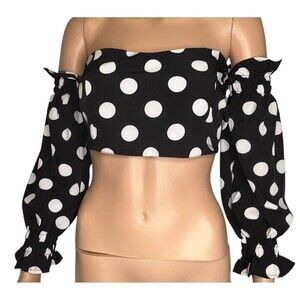 CBR Black White Polka Dot Off Shoulder Bardot Crop Top Long Sleeve Ruffle Size M